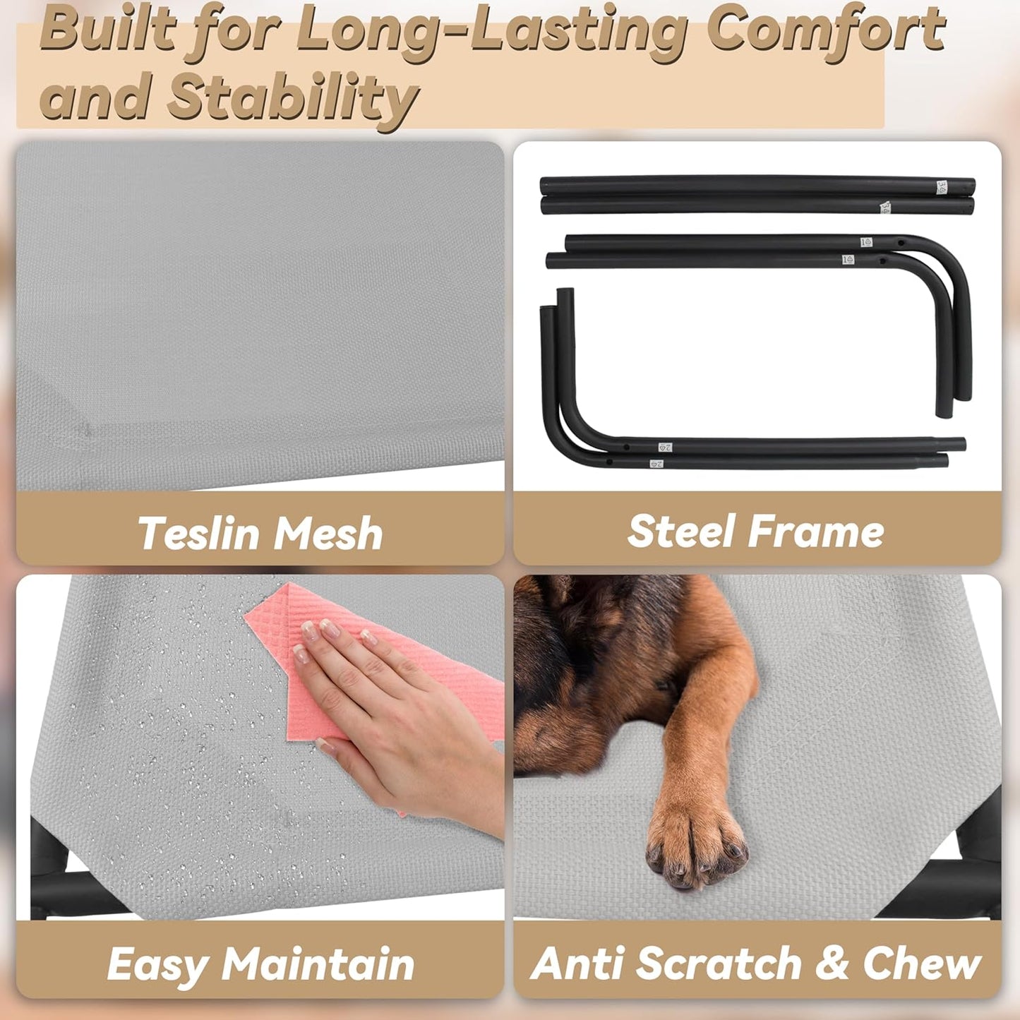 Heavy Duty Steel-Framed Portable Elevated Pet Bed, Elevated Cooling Pet Cot, 43.5" L X 25.5" W X 7.8" H(M, Grey)