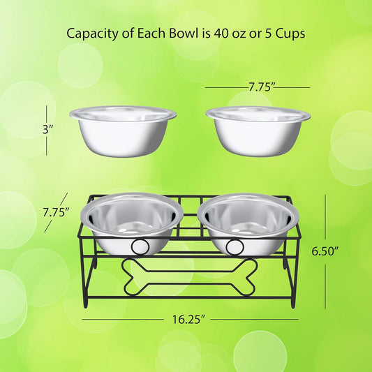 Set of 2 Stainless Steel Dog Bowls - 40Oz Pet Bowls with Decorative Dog Food Stand - Metal Food and Water Dishes for Large Pets - Puppy Essentials by  (Silver/Black)
